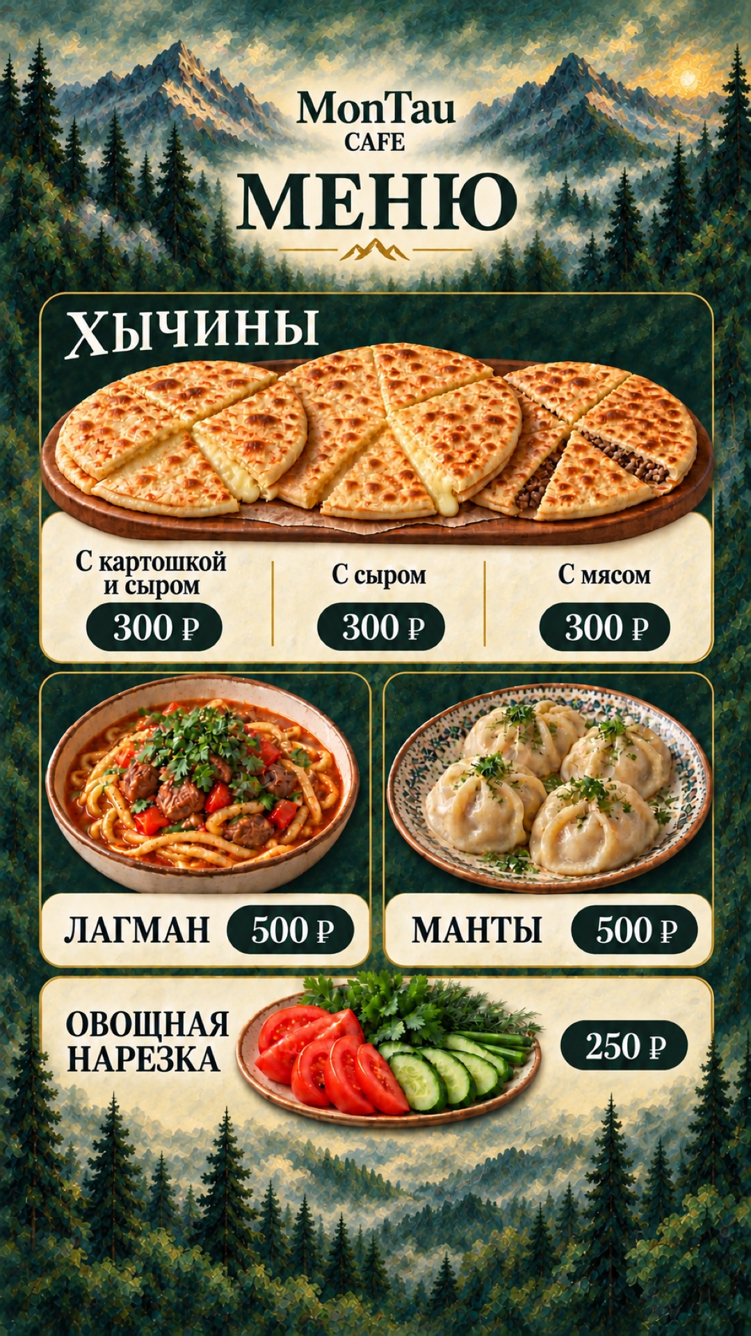 Иллюстрированное меню MonTau в хвойных тонах